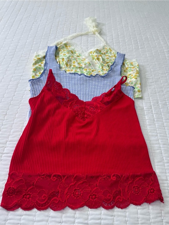 SHEIN Tops - Set of 3 Multicolor Red , Blue And Yellow Lace-Trim Ribbed Camisole Crop Top M